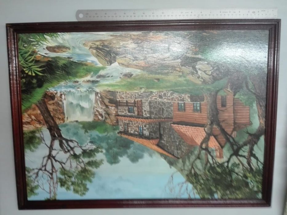 Quadro antigo - tema casa com paisagem