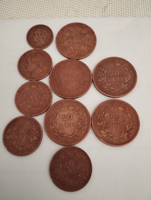 Moedas da monarquia v reis 10 reis.  D.luiz e D. Carlos l