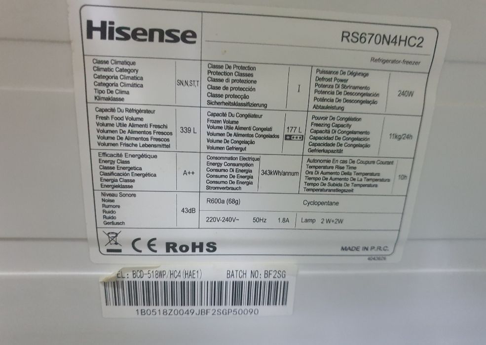 Frigorífico Americano Hisense A++
