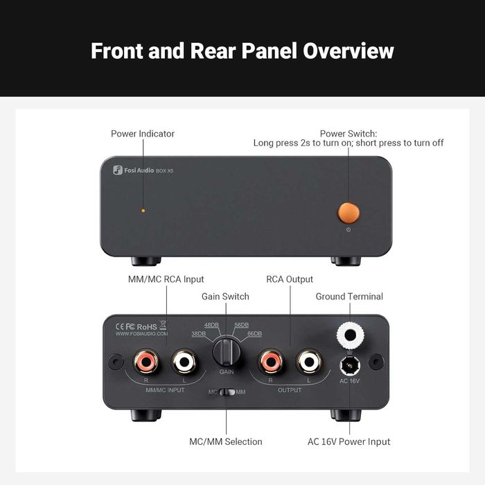 Фонокорректор для програвача вінілових платівок Fosi Audio Box X5 Phono Preamplifier