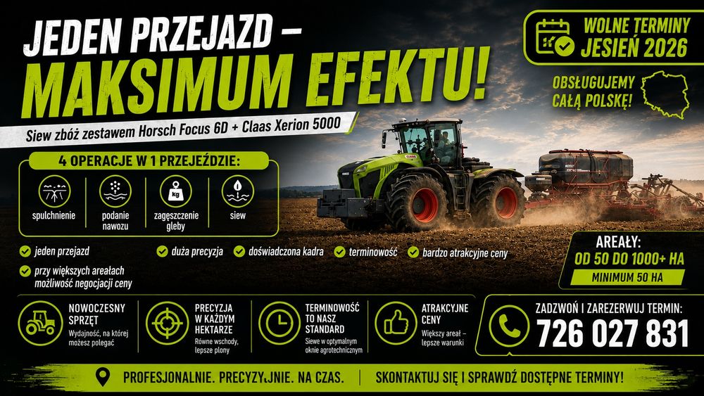 Siew zbóż Horsch Focus 6D – Strip-Till – duże areały – wolne terminy