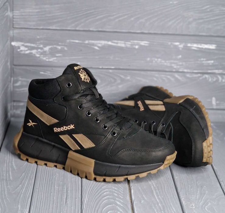 Мужские кожаные зимние черные спортивные ботинки / кроссовки на меху!