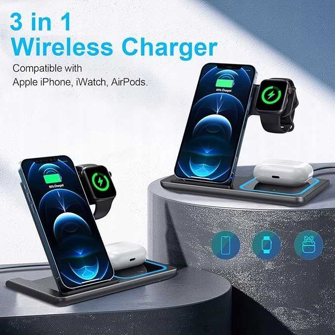 Bezprzewodowa Stacja Ładowania 3w1 iPhone Apple Watch Airpods Różowa