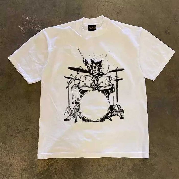 Koszulka biała z kotem perkusistą rock casual uniseks