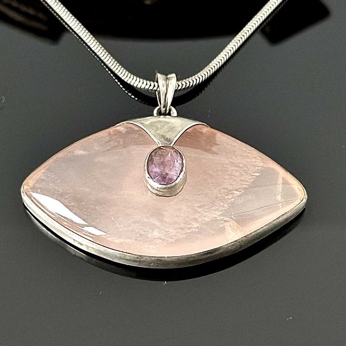 Srebrny naszyjnik z Różowym Kwarcem i Ametystem ok. 1970r. próby 925