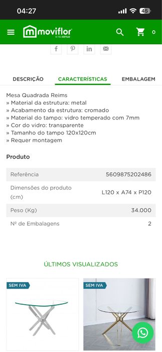 Mesa tampo de vidro 120x120 com 1 ano transporte a cargo de comprador