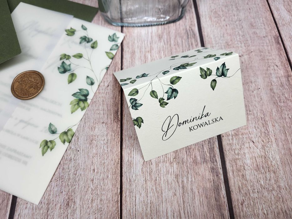 Zaproszenia ślubne, kalka z pieczęcią motyw drzewa, liści