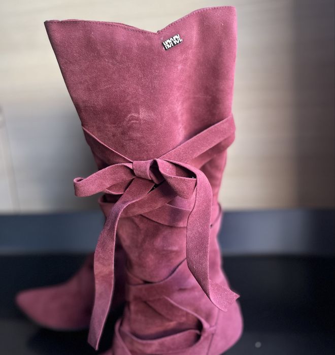 Botas rosa coral camurça com laço salto alto tamanho 38