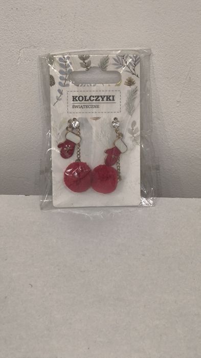 Kolczyki czerwone świąteczne kuleczki (pomponiki) z rękawiczkami