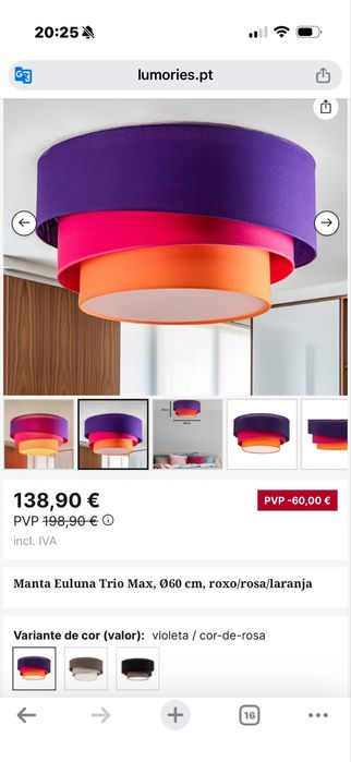 Candeeiro de teto Euluna Trio Max, Ø60 cm, roxo/rosa/laranja — como novo
