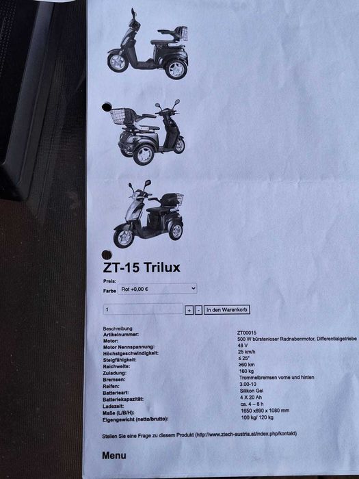 Skuter elektryczny inwalidzki ZT-15 Trilux