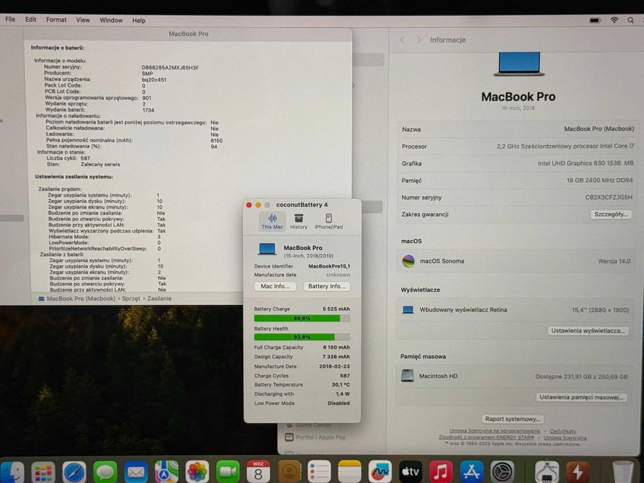 Apple MacBook Pro 15 2018 TouchBar - i7 16GB / 256GB - 84% Kondycji Baterii - Gwarancja - Stan BDB -