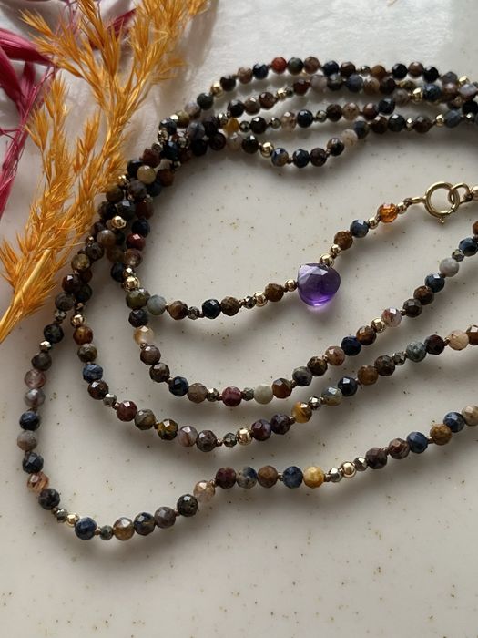 Supełkowany naszyjnik 86cm, pietersyt, GF 1/20 14k