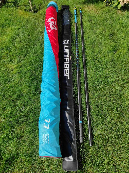 Zestaw windsurfing żagiel GA Hybryd 7.7 2023 niebiesko biały + maszt Unifiber 460 RDM 75