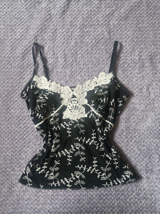Bluzka ramiączka gorset koronka per una gałązki M/L retro coquette swag rare polka dot kropki