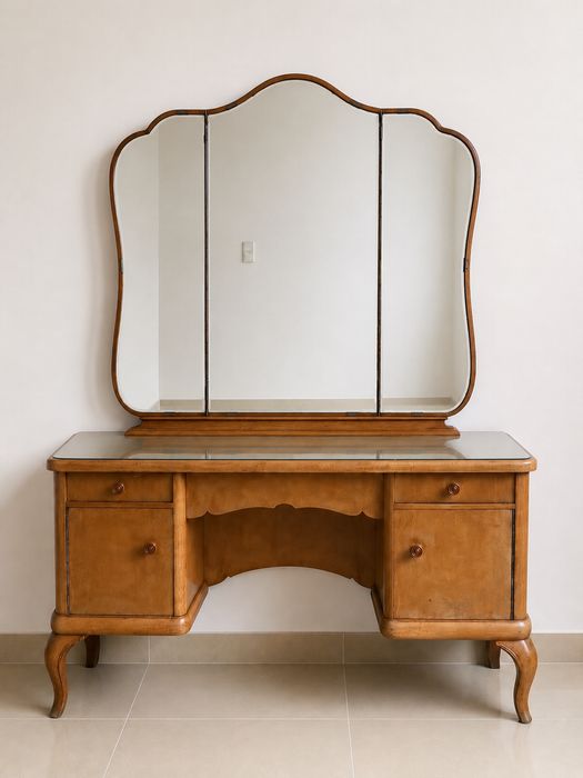 Unikat | Elegancka Toaletka Art Deco Vintage z trójdzielnym lustrem | lata 30/40 | drewno