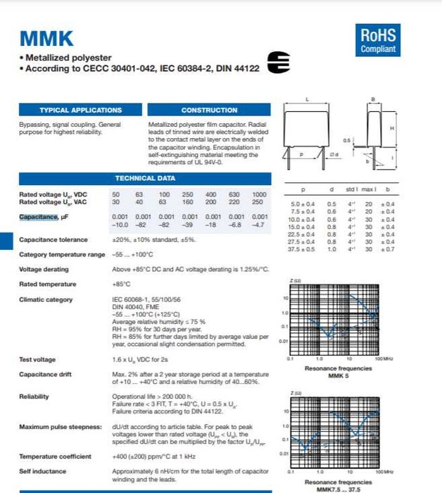 Пленочный конденсатор EVOX MMK10 102K630A01L (630V, 1.0 nF) - 100 шт
