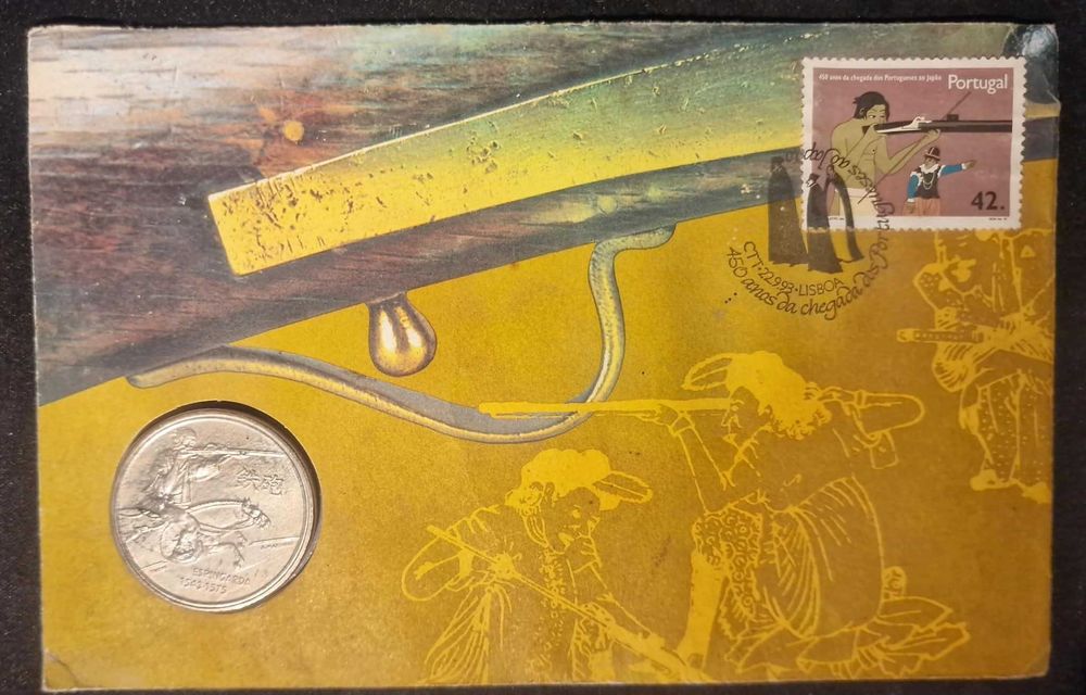 Sobrescrito Numismático CTT 1993 — Moeda 200 Escudos "Espingarda" + Selo — 450 Anos Portugueses no Japão — Selado