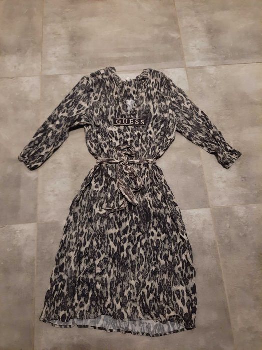 Nowa sukienka elegancka guess 3/4 midi szara panterka stojka  38 m