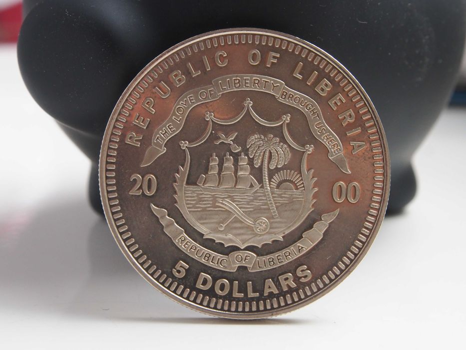 Moneta Liberia 5 dolarów, 2000 10. rocznica zjednoczenia Niemiec