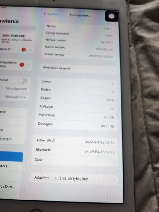 Apple iPad Air 2 64GB Wi-Fi Silver + etui | Działa | iOS 15.8.4 | Czytaj opis