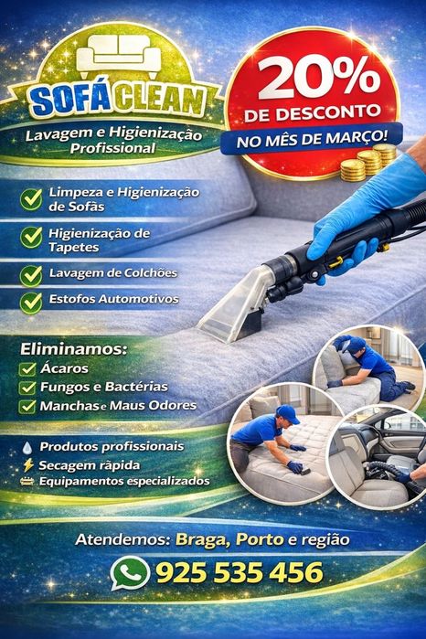 Higienização Profissional  Sofás Tapetes Colchões Cadeiras Bancos de carro  Limpeza profunda, remoção de sujidade, manchas, ácaros e odores
