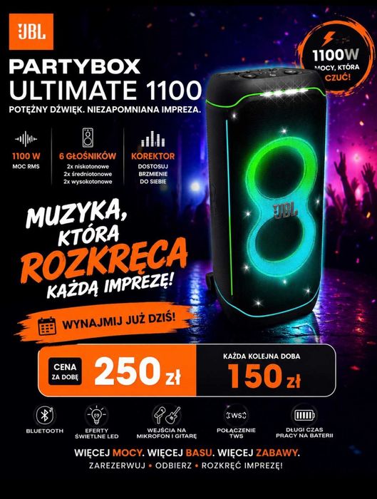 Wynajem głośnika - JBL PartyBox Ultimate 1100W – Rozkręć każdą imprezę - wynajem ! ! !