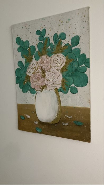Quadro vaso de flores e folhas