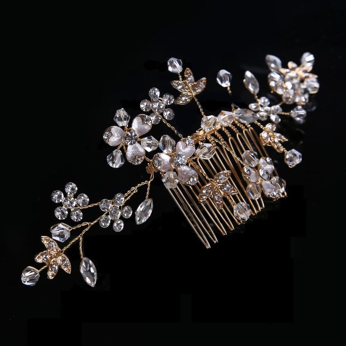 Ozdoby ślubne do włosów, złoto + kryształy