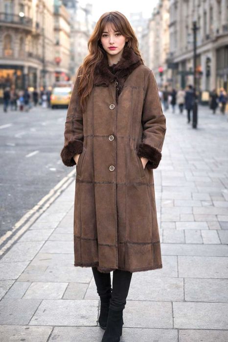 Casaco longo de Shearling marrom com gola e punhos em pele – Modelo feminino – Tamanho L/XL