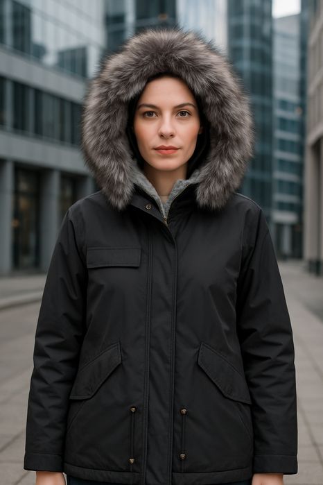 Kurtka parka damska czarna z futrem eco, rozmiar L