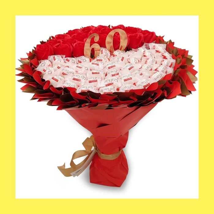 Prezent na 40 60 urodziny. Bukiet Raffaello i róż mydlanych. Ślub