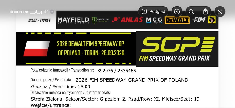 Bilet SGP Torun Grand Prix Speedway zuzel strefa zielona