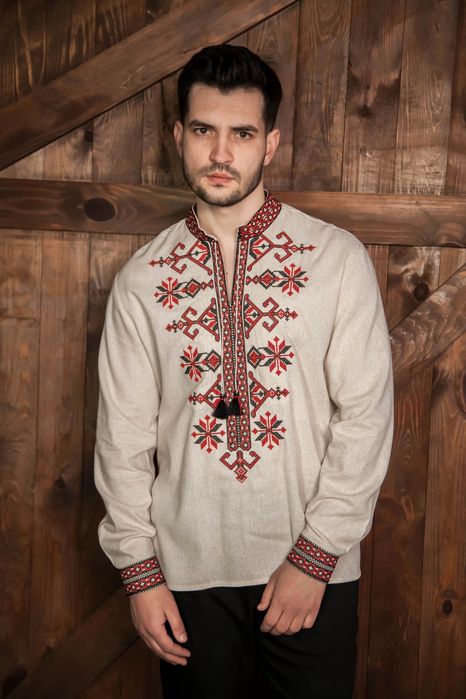 Чоловіча вишита сорочка вишиванка льон бежева • Мужская вышиванка лен