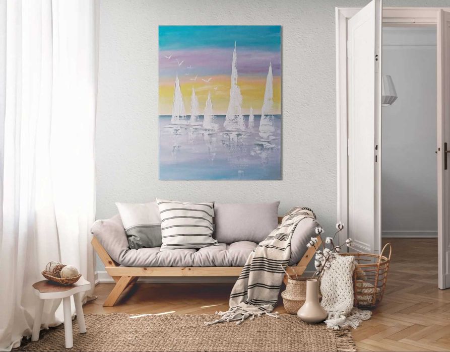 Obraz na płótnie ręcznie malowany akrylami Żaglówki o wschodzie słońca