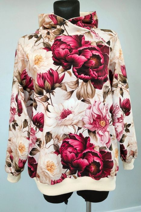 Bluza damska Handmade z kapturem print kwiatowy Piwonie bawełna dresow