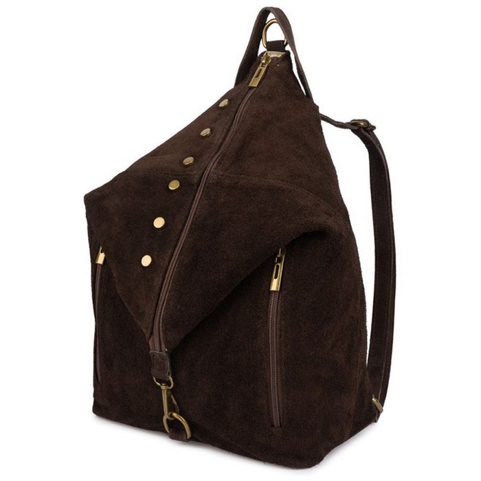 VERA PELLE plecak damski zamszowy elegancki z ćwiekami V409 c.brązowy