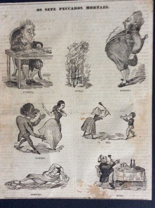 Os sete peccados mortaes. Rara e invulgar gravura de 1840. Original