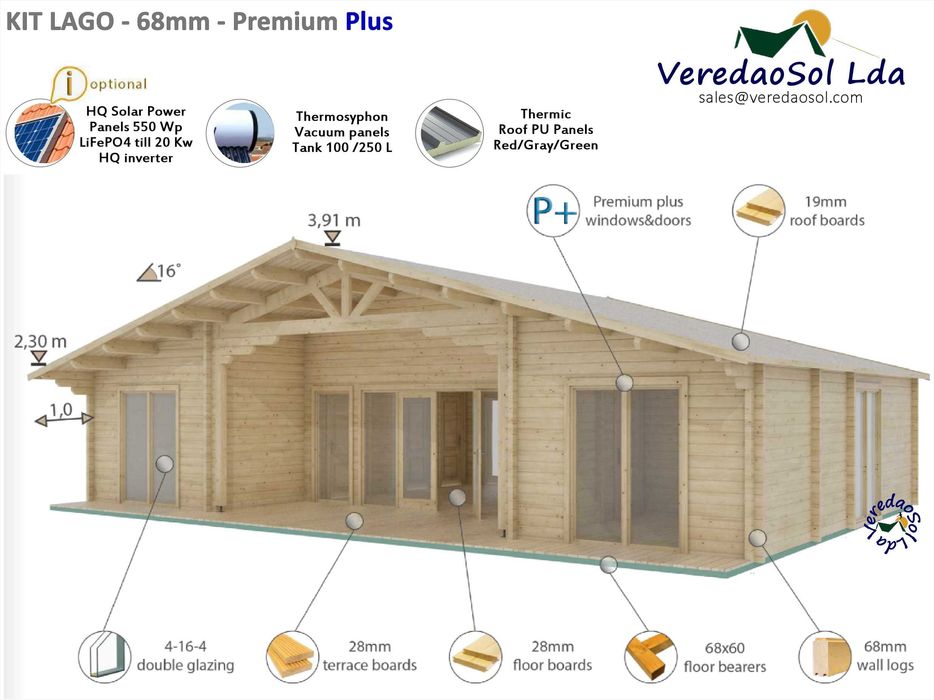 KIT Casa Madeira LAGO T4 - Takoma 12x8m - Coberta 115m² - Terraço 21m²