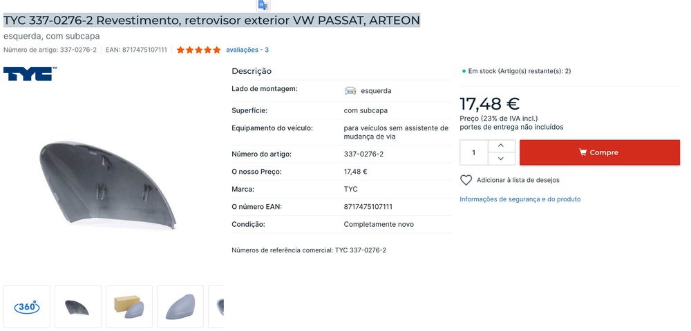 TYC 337/02/762 Revestimento, retrovisor exterior VW PASSAT, ARTEON