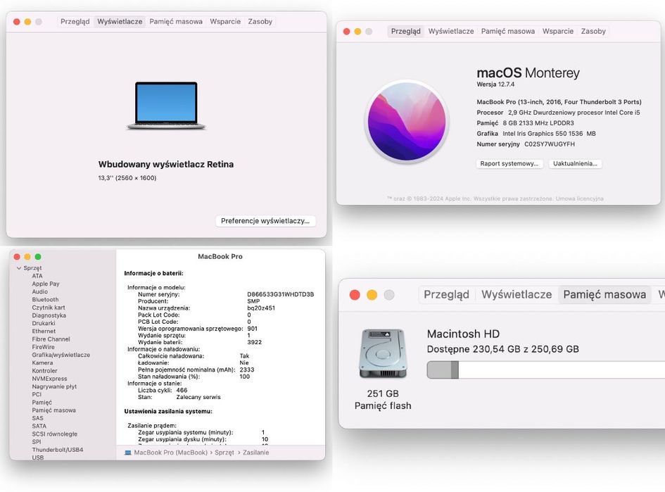 Komplet MacBook Pro 13 TouchBar A1706 i5 3,3GHz/8GB/256GB/466 cykli