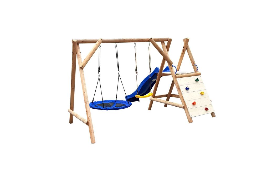 Drewniany Plac Zabaw do Ogrodu MIKI 2Huśtawki Ślizg Ścianka PRODUCENT