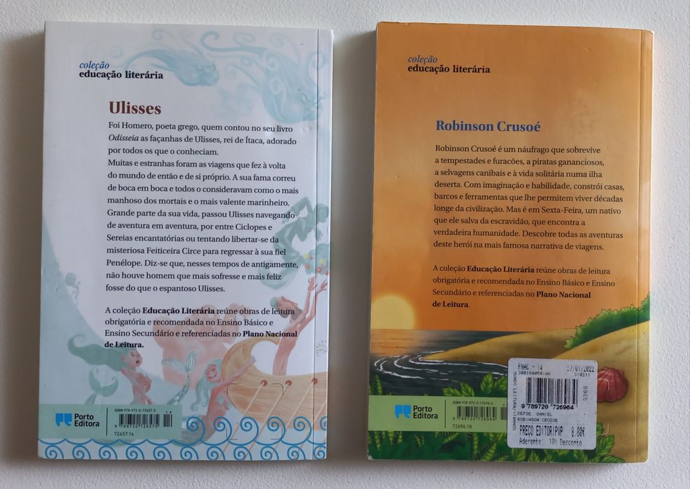 2 livros do PNL 6°ano, Ulisses e Robison Crusoé, Porto Editora editora