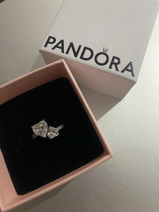 Каблучка Pandora Два серця / Посріблена каблучка Пандора з двома серцями та камінням / Каблучка Pandora «Two Hearts» (посріблення)