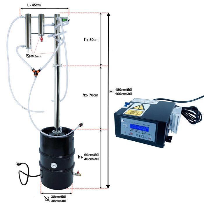 Destylator Elektryczny Automat KEG 50l / 30l kolumna Zimne Palce 1,80m