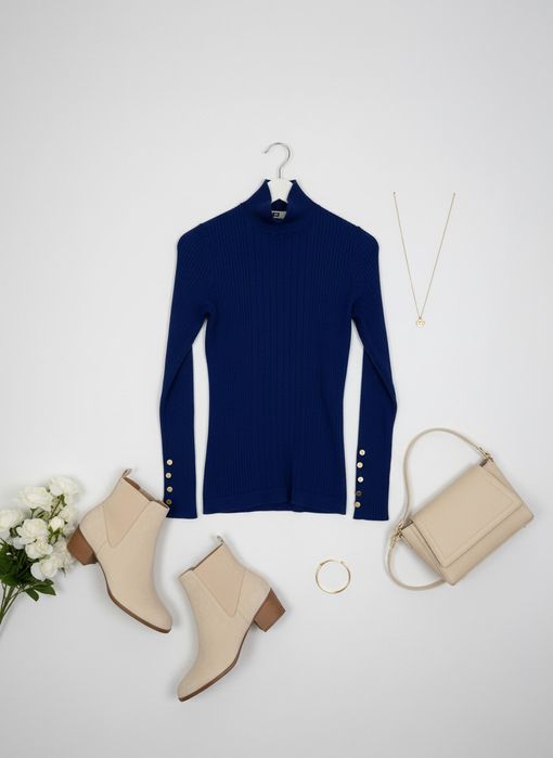 Kobaltowy prążkowany golf z ozdobnymi guzikami S 36