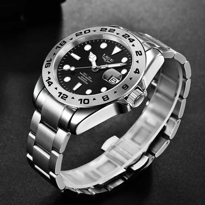 Zegarek Lige kwarcowy masywny datownik lupa bransoleta luma WR30 BOX