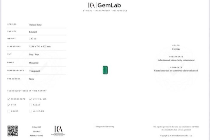 Esmeralda Zâmbia 3,67CT certificado ICA GemLab