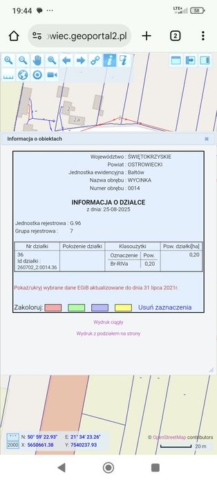 Działka budowlano rolna 1.58ha w miejscowości Wycinka gm. Bałtów