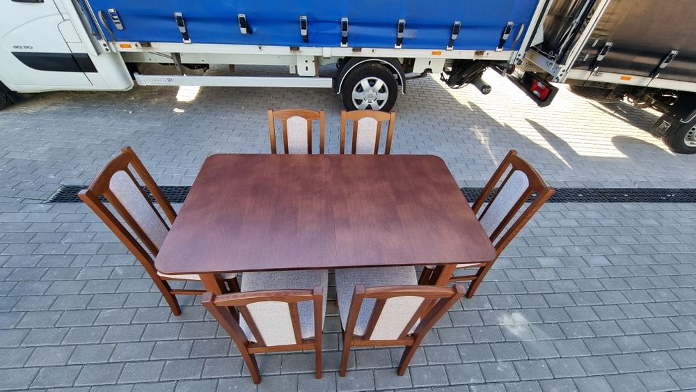 Nowe: Stół 80x140/180 + 6 krzeseł, kasztan + kawa z mlekiem, transPL